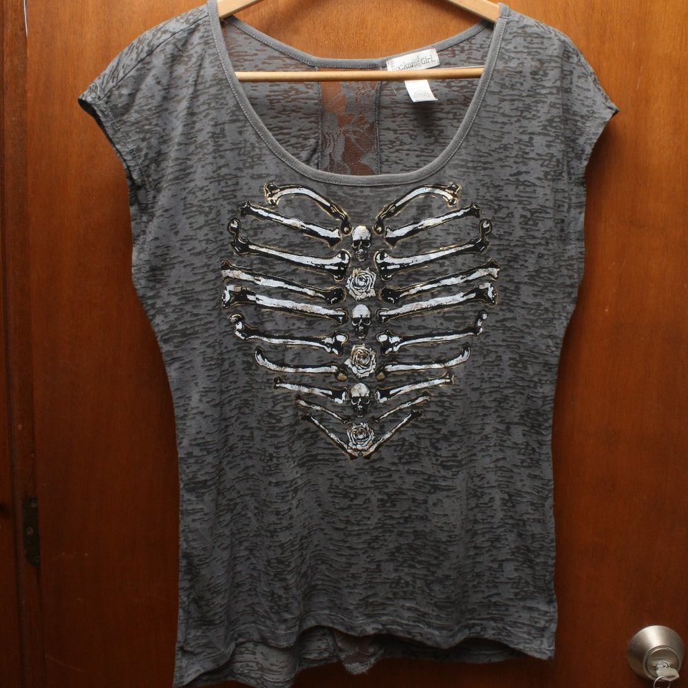 Grey Burnout Dolman Tank with Skulls and Lace